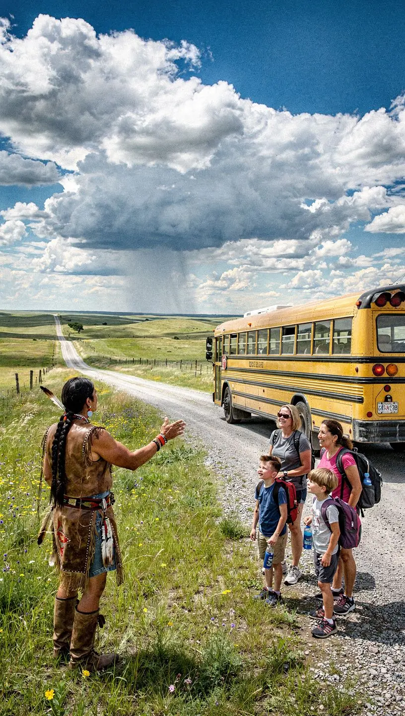 Туристы на открытом автобусе, исследующие красоты Великих равнин.