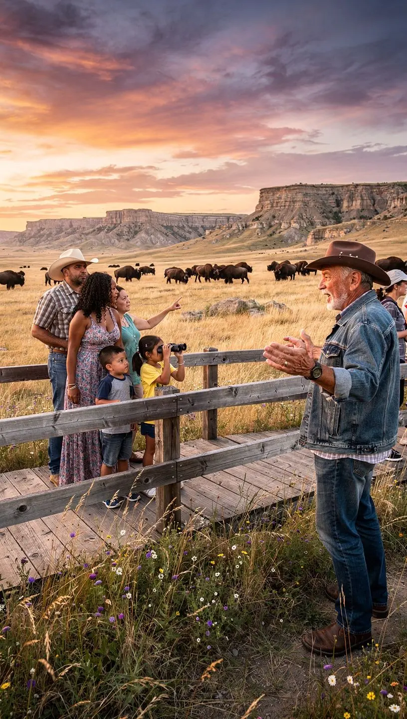 Бизоны, мирно пасущиеся на фоне горной цепи