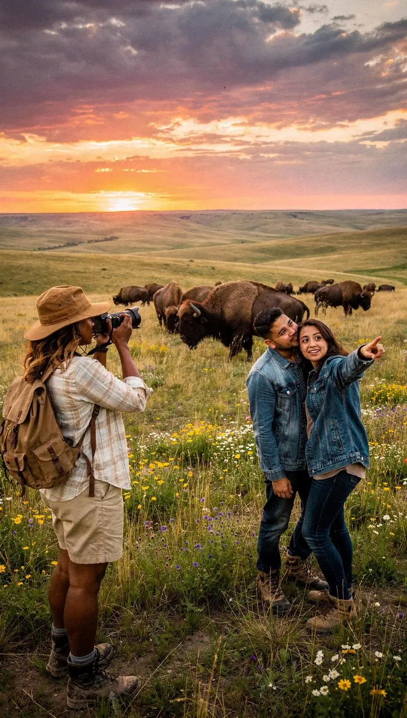 Фотография бизонов, проходящих мимо исторического памятника.