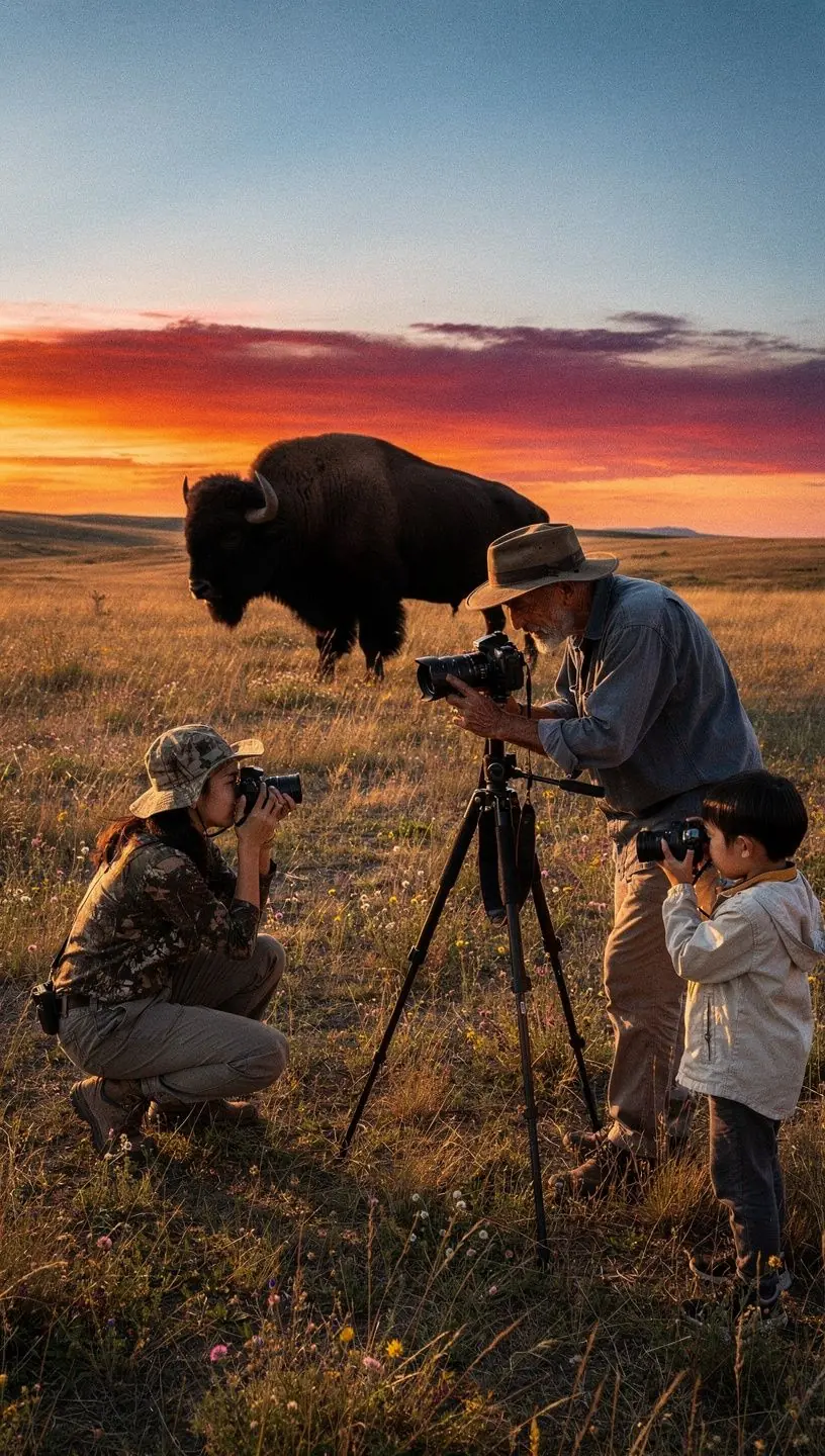 Туристы, изучающие уникальную флору и фауну Великих Равнин.